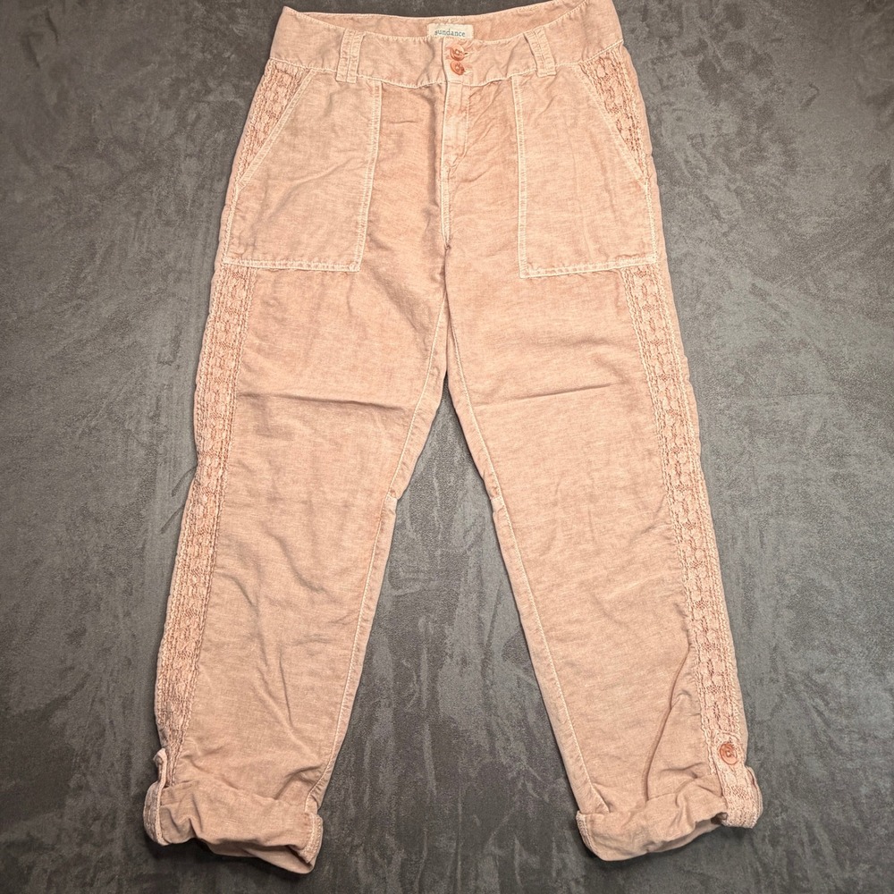 Sundance Linen Cotton Pants Womens 8 Pink Lace Trim Cropped Tapered Boho Patch - Picture 1 of 9